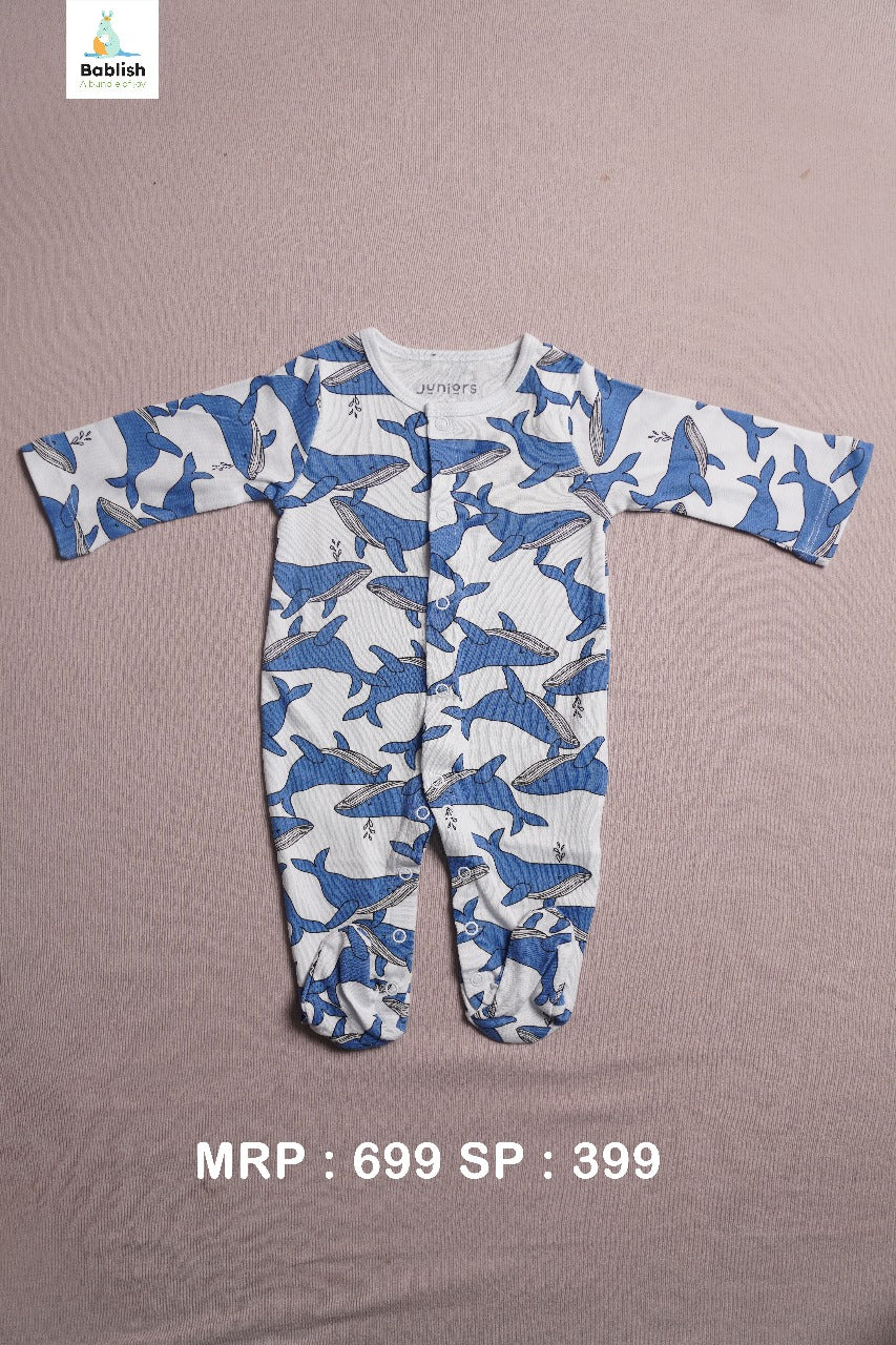 Juniors All-Over Whale Print Closed Feet Sleepsuit with Snap Button Closure